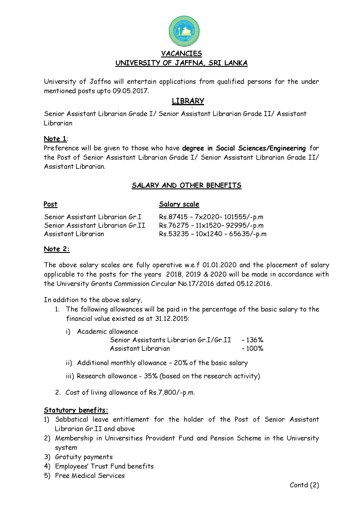 Senior Assistant Librarian, Assistant Librarian - University of Jaffna